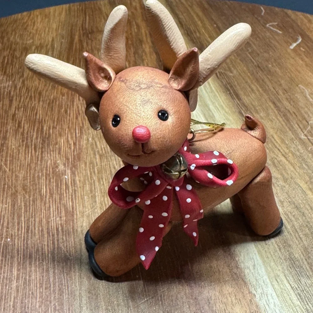 Handmade Clay Reindeer Christmas Ornament Red Nose Polka Dot Bow Jingle Bell 3in
